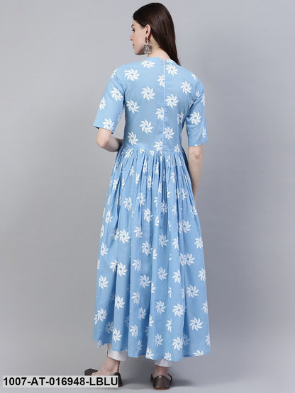 Printed Cotton Front Slit Kurta (Light Blue)