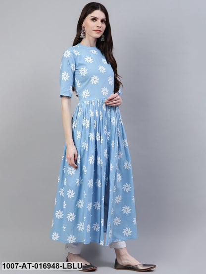 Printed Cotton Front Slit Kurta (Light Blue)