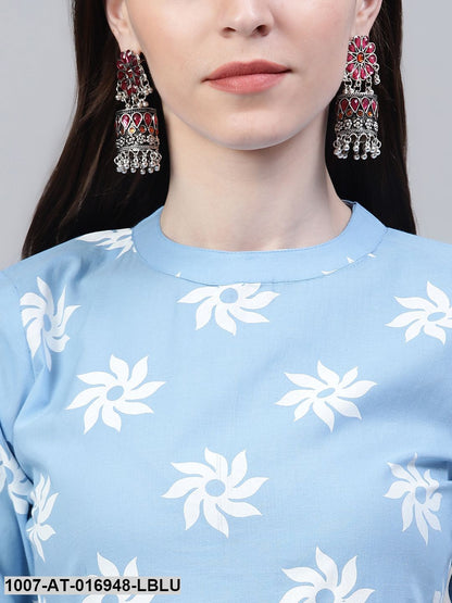 Printed Cotton Front Slit Kurta (Light Blue)