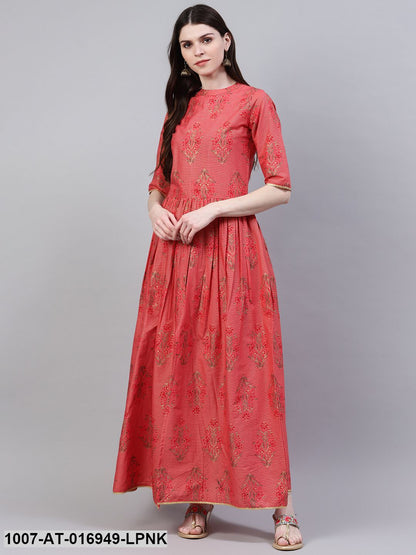 Floral Print Cotton Front Slit Kurta (Peach)