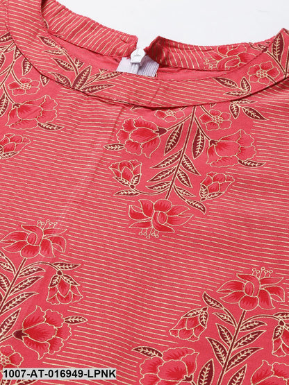 Floral Print Cotton Front Slit Kurta (Peach)