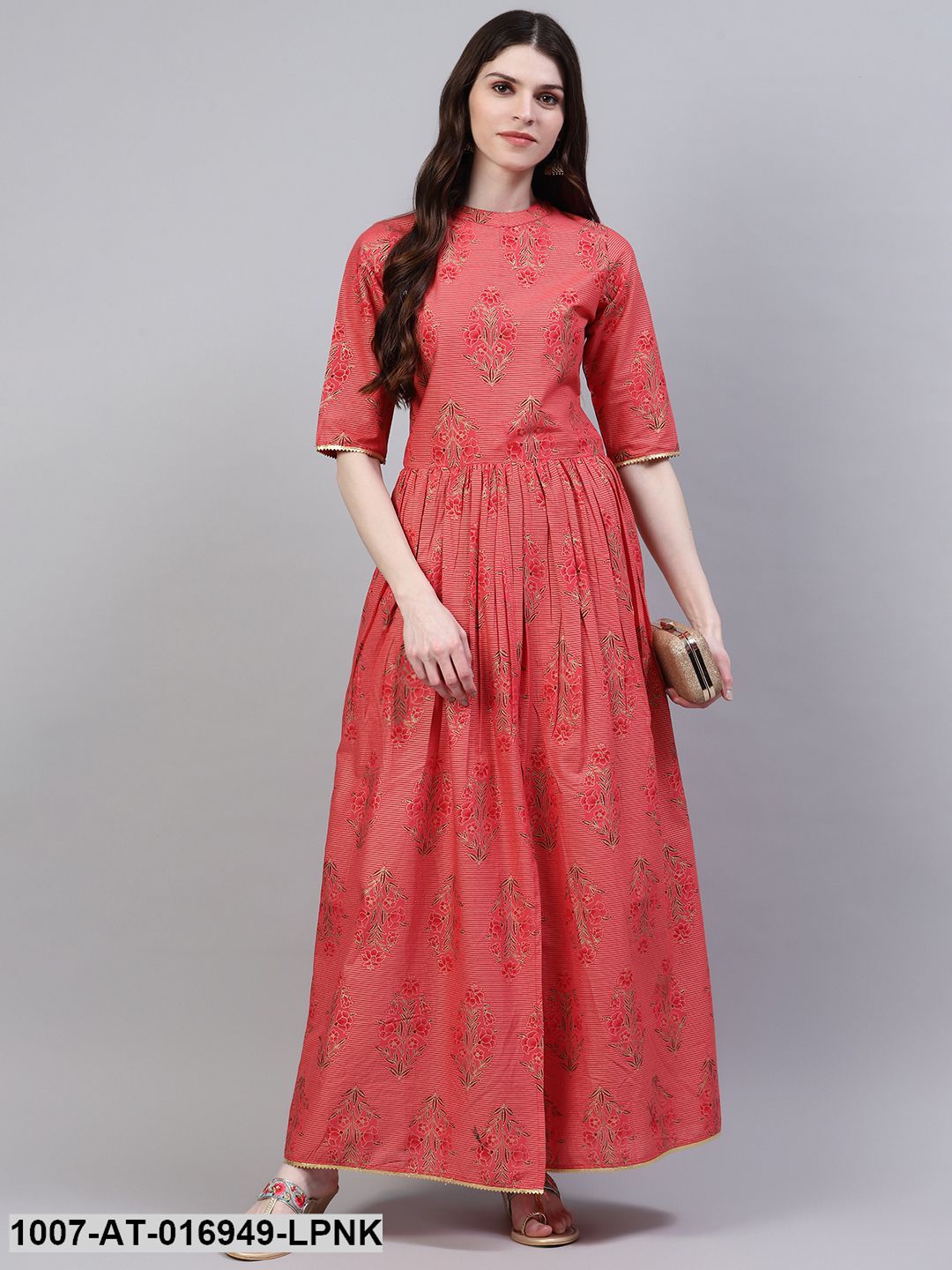 Floral Print Cotton Front Slit Kurta (Peach)