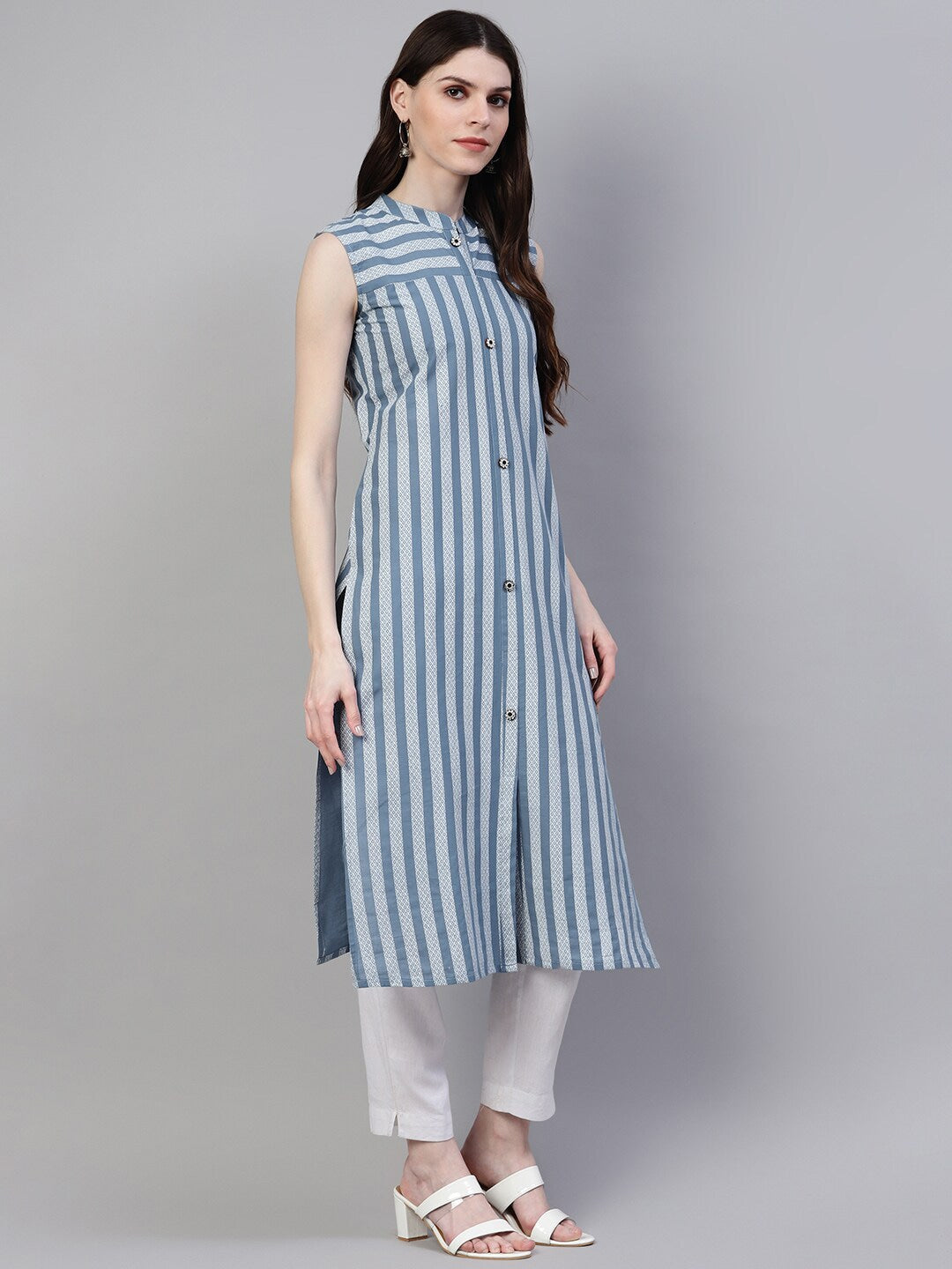 Striped Cotton Straight Kurta (Grey)