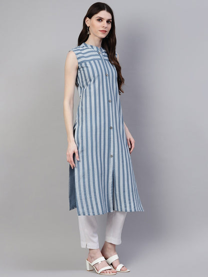 Striped Cotton Straight Kurta (Grey)