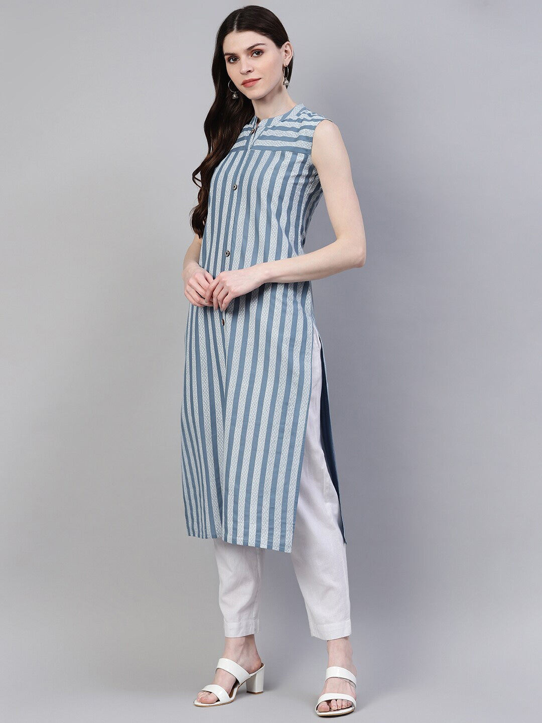 Striped Cotton Straight Kurta (Grey)