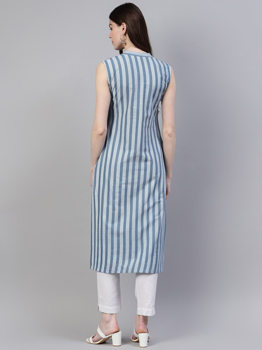 Striped Cotton Straight Kurta (Grey)