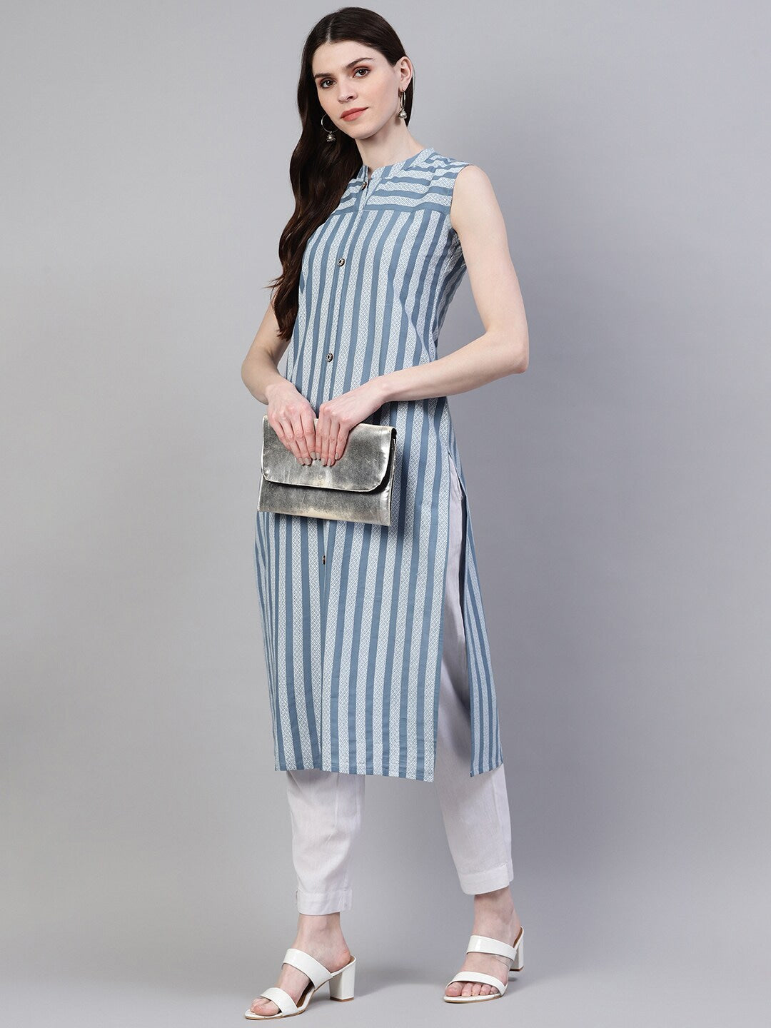 Striped Cotton Straight Kurta (Grey)