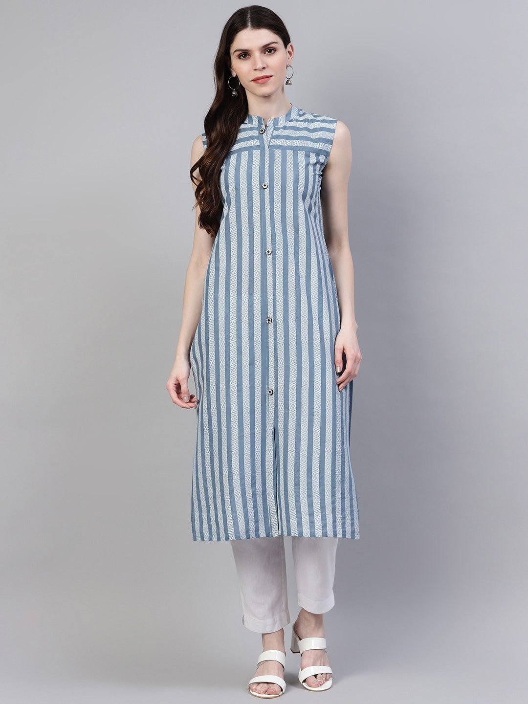 Striped Cotton Straight Kurta (Grey)