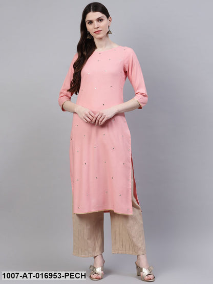 Embroidered Rayon Straight Kurta (Peach)