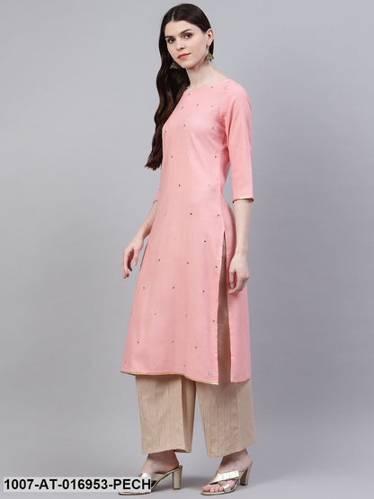 Embroidered Rayon Straight Kurta (Peach)