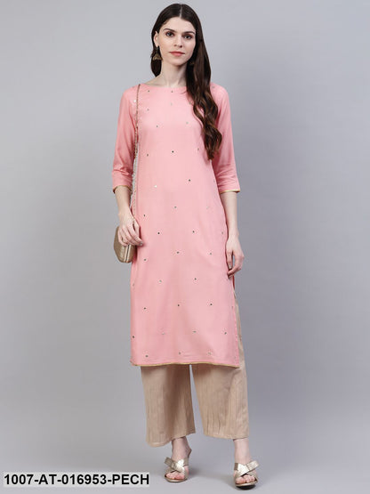 Embroidered Rayon Straight Kurta (Peach)