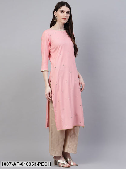 Embroidered Rayon Straight Kurta (Peach)
