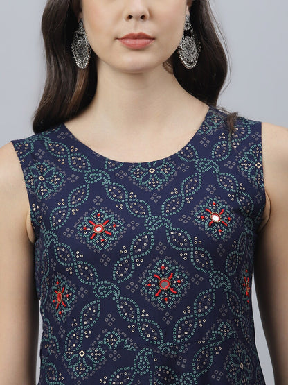 Bandhani Print Rayon Flared Kurta (Dark Blue)