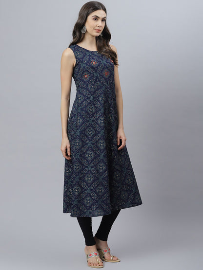 Bandhani Print Rayon Flared Kurta (Dark Blue)