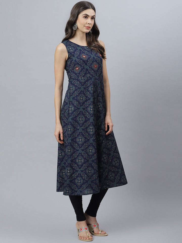 Bandhani Print Rayon Flared Kurta (Dark Blue)