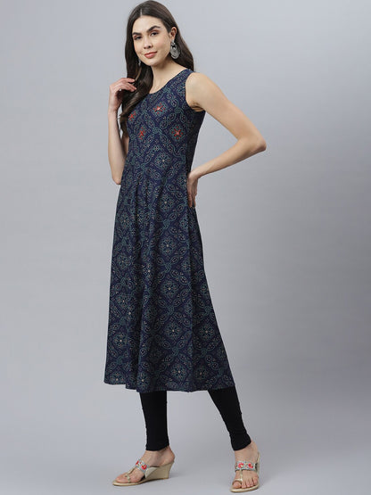 Bandhani Print Rayon Flared Kurta (Dark Blue)