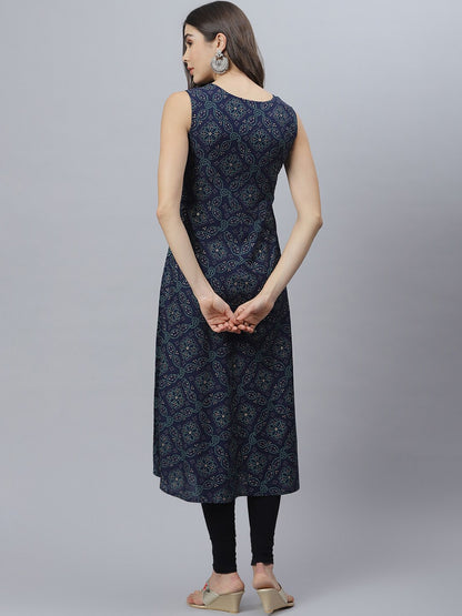 Bandhani Print Rayon Flared Kurta (Dark Blue)