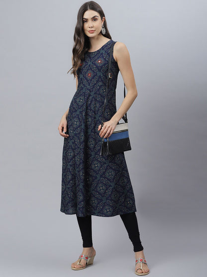 Bandhani Print Rayon Flared Kurta (Dark Blue)