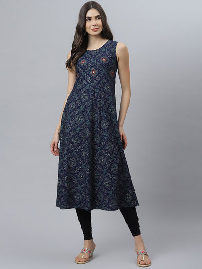 Bandhani Print Rayon Flared Kurta (Dark Blue)