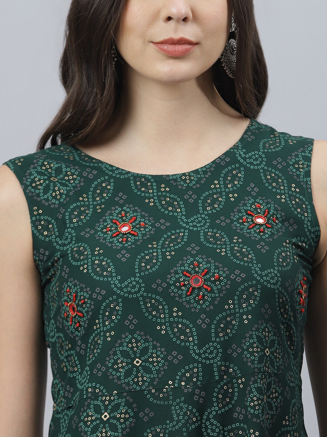 Bandhani Print Rayon Flared Kurta (Dark Green)