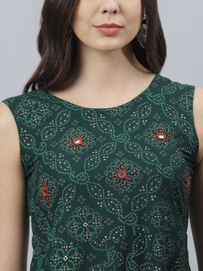 Bandhani Print Rayon Flared Kurta (Dark Green)