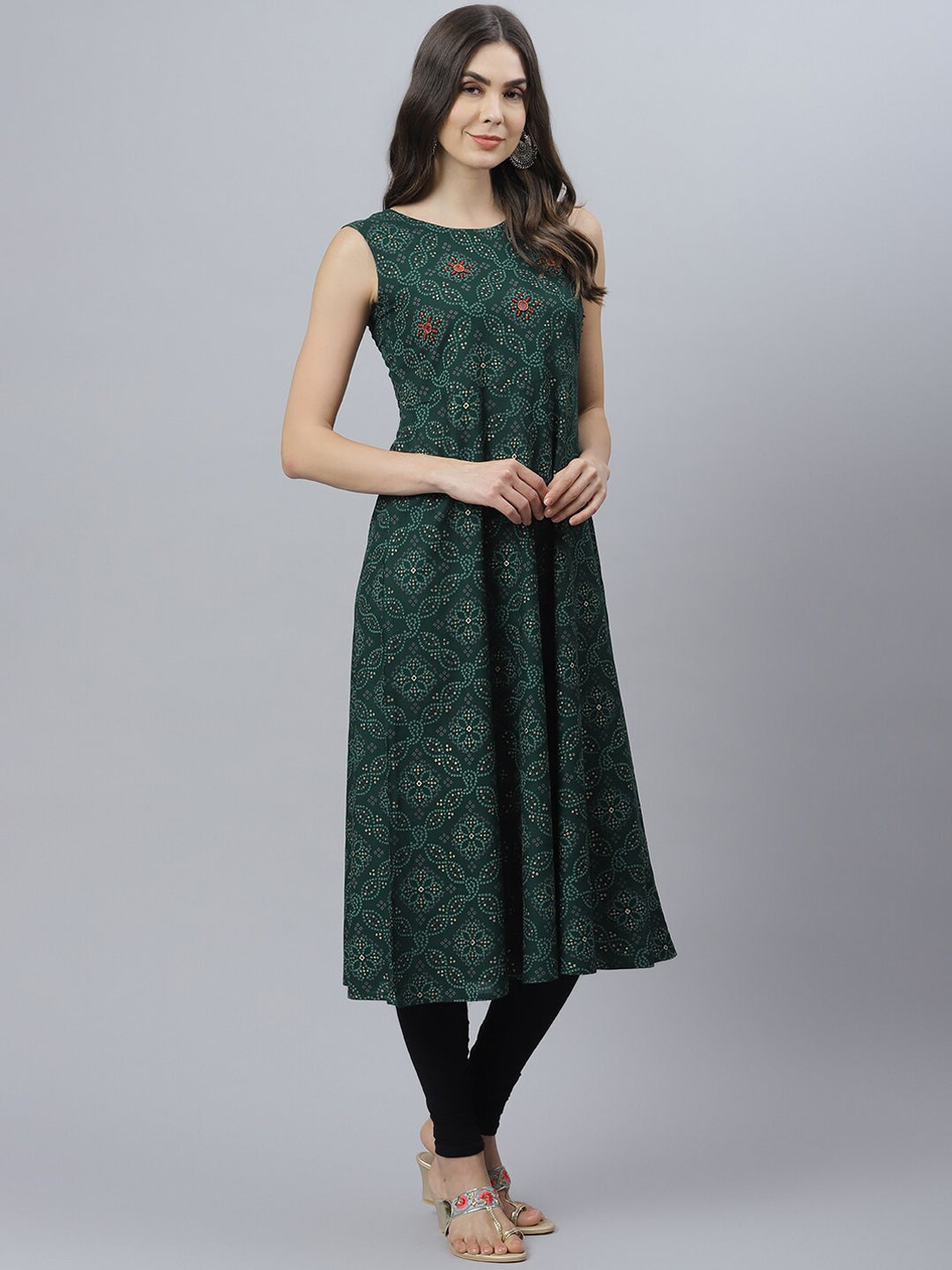 Bandhani Print Rayon Flared Kurta (Dark Green)