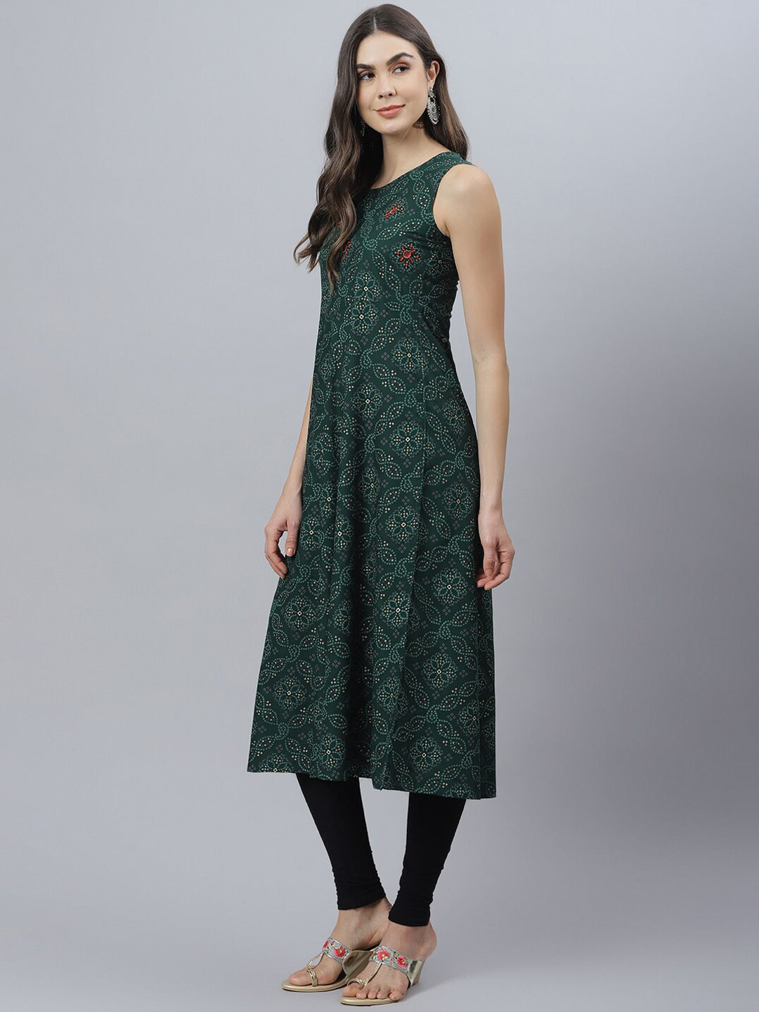 Bandhani Print Rayon Flared Kurta (Dark Green)