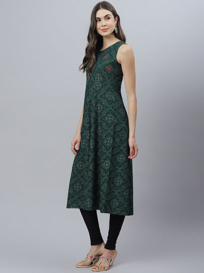 Bandhani Print Rayon Flared Kurta (Dark Green)