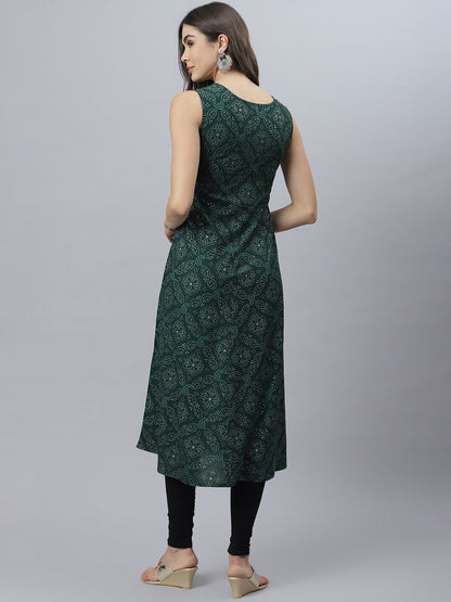 Bandhani Print Rayon Flared Kurta (Dark Green)