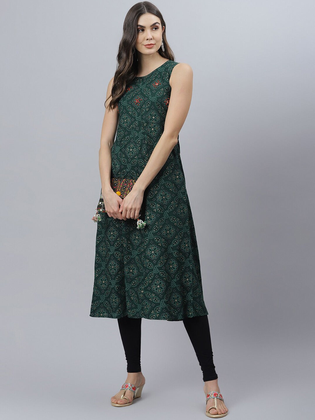Bandhani Print Rayon Flared Kurta (Dark Green)