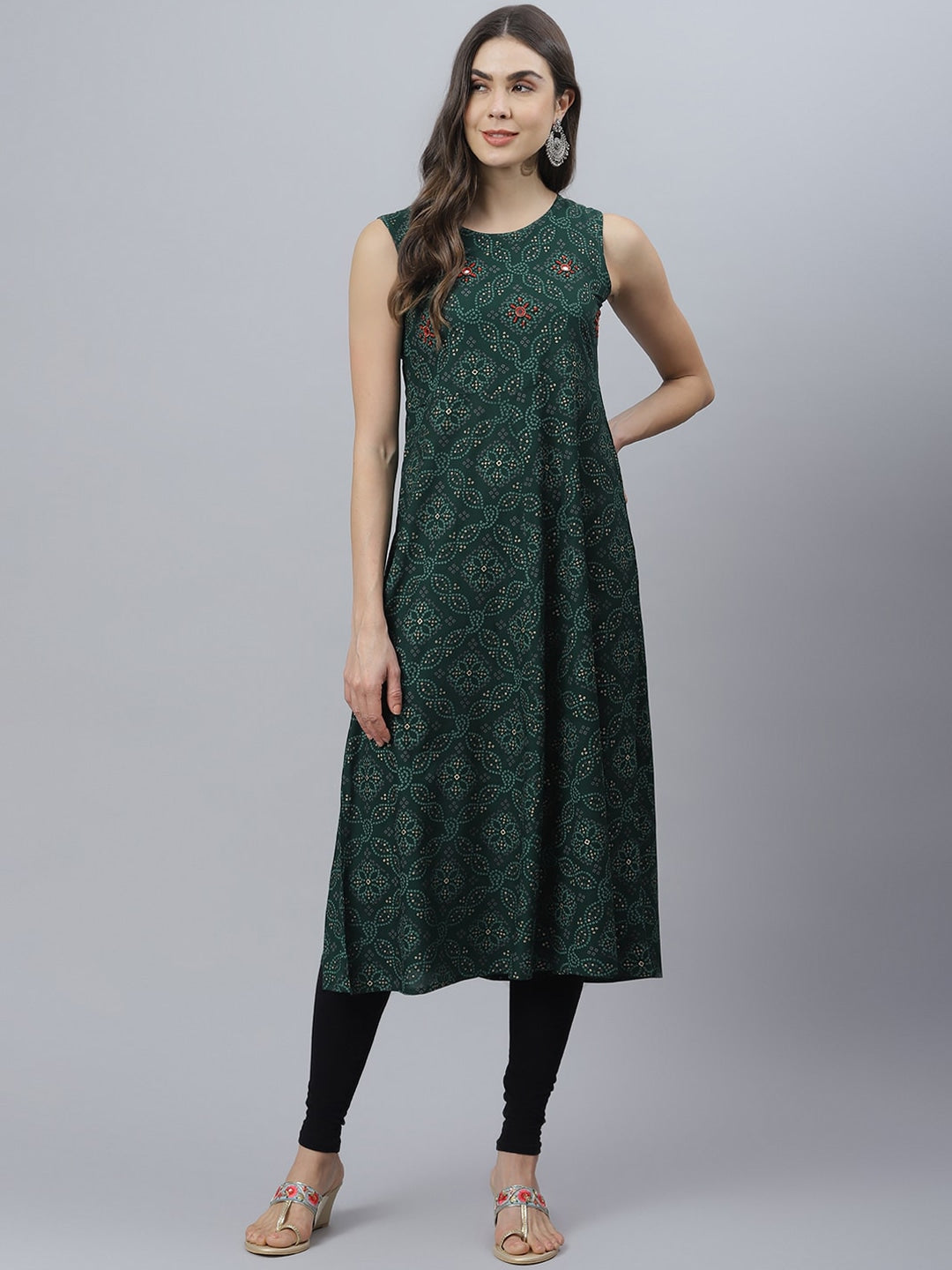 Bandhani Print Rayon Flared Kurta (Dark Green)