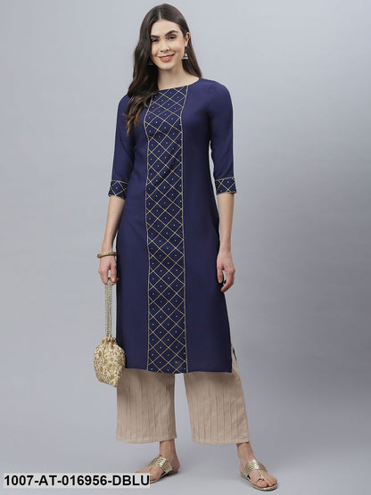 Checkered Rayon Straight Kurta (Dark Blue)
