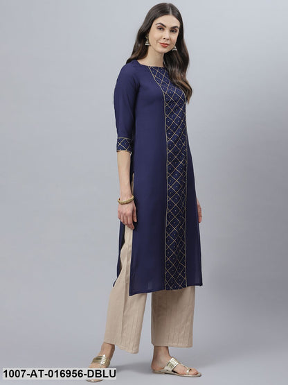 Checkered Rayon Straight Kurta (Dark Blue)