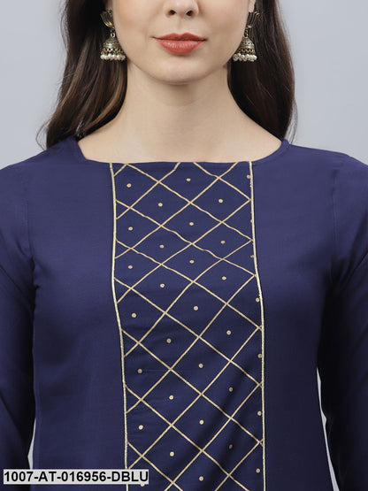 Checkered Rayon Straight Kurta (Dark Blue)
