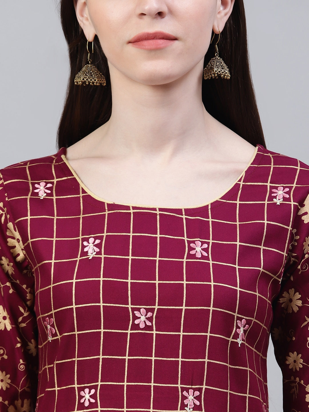 Checkered Rayon Flared Kurta (Wine)