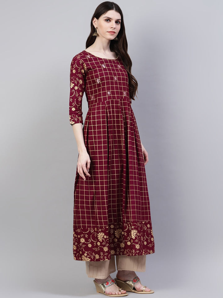 Checkered Rayon Flared Kurta (Wine)