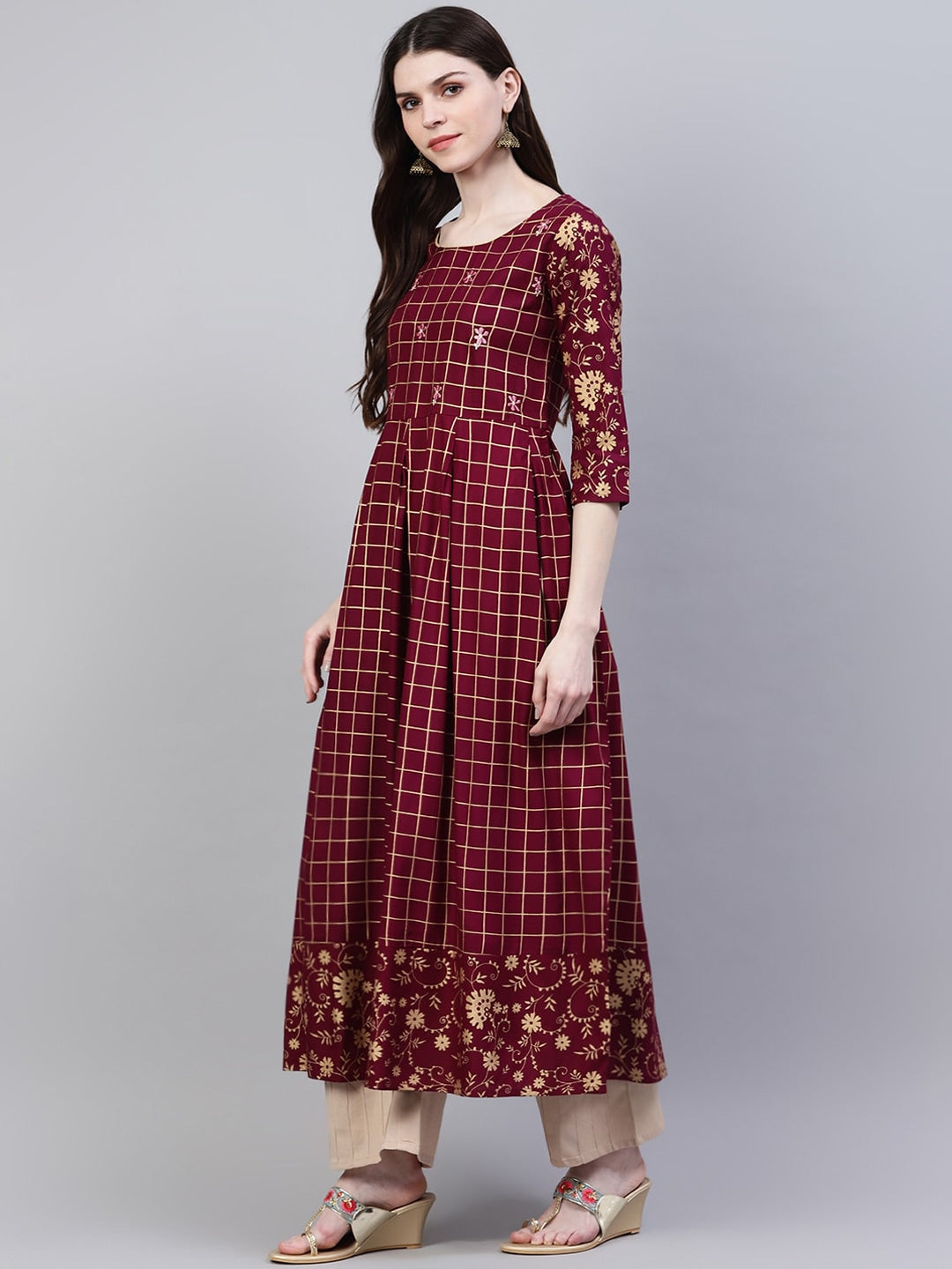 Checkered Rayon Flared Kurta (Wine)