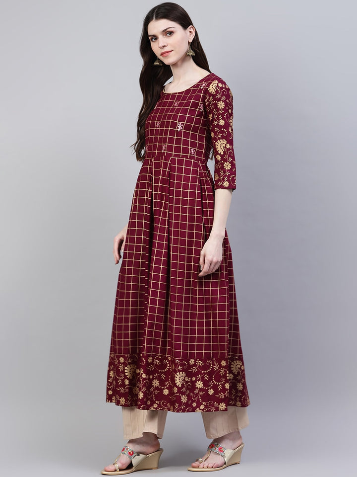 Checkered Rayon Flared Kurta (Wine)
