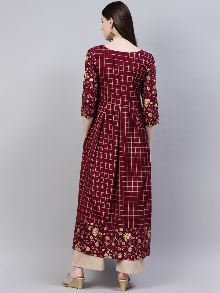 Checkered Rayon Flared Kurta (Wine)