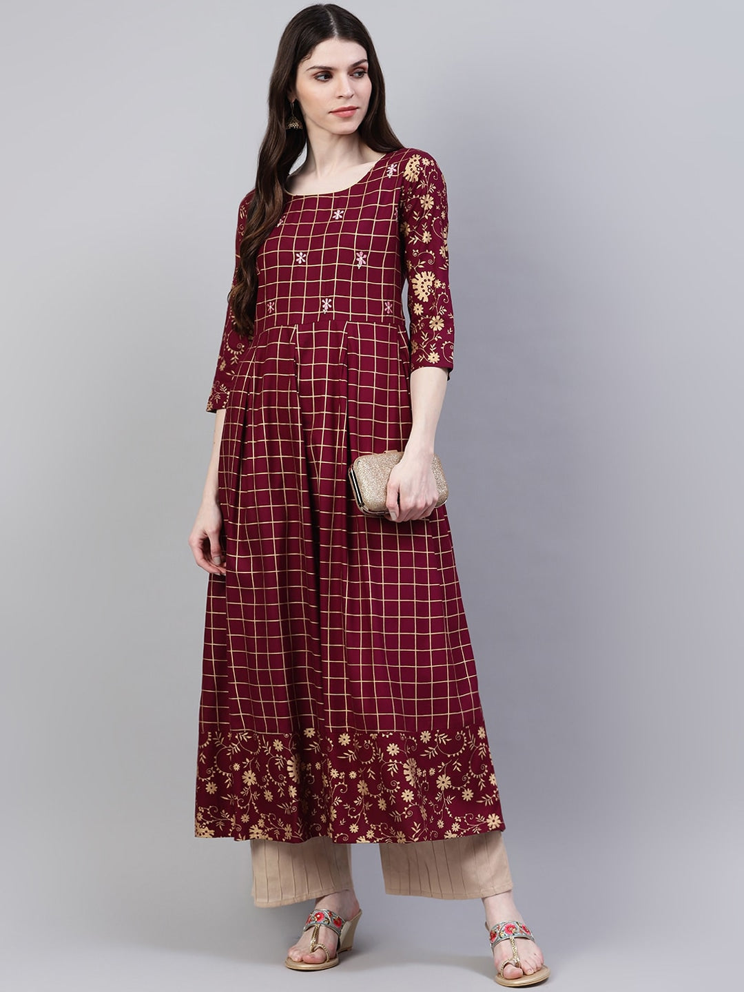 Checkered Rayon Flared Kurta (Wine)