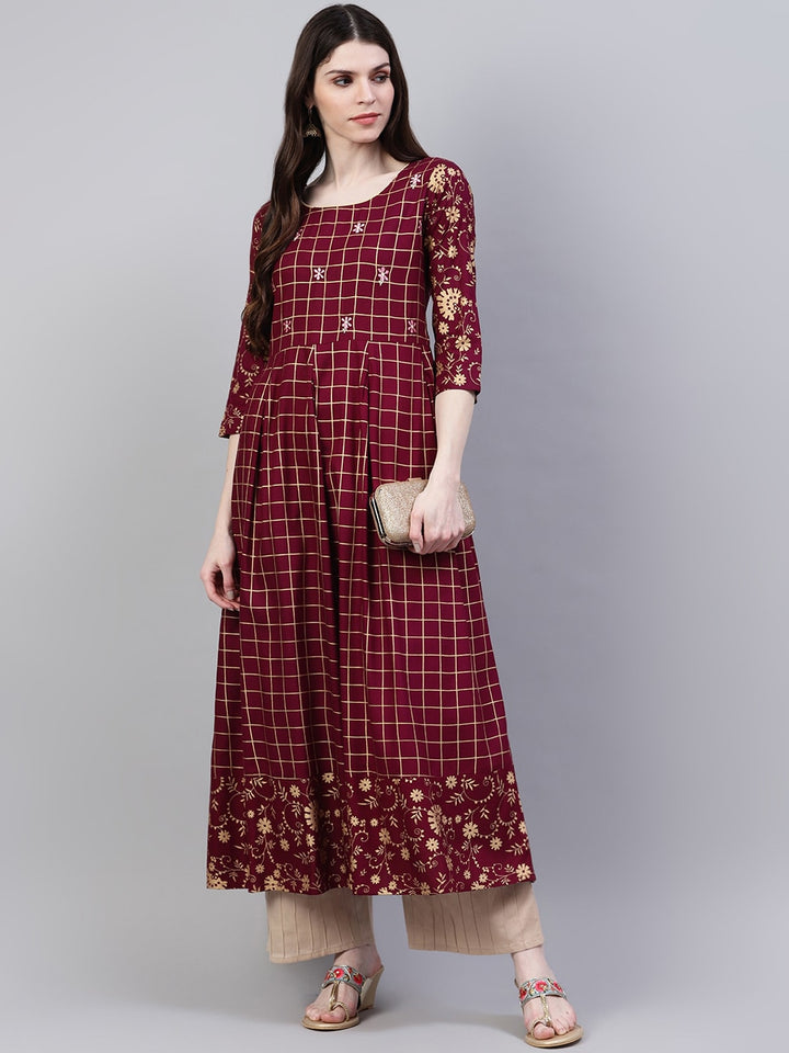 Checkered Rayon Flared Kurta (Wine)