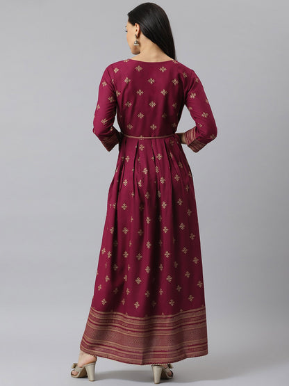 Gold Printed Rayon Flared Kurta