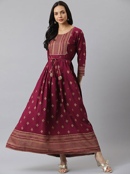 Gold Printed Rayon Flared Kurta