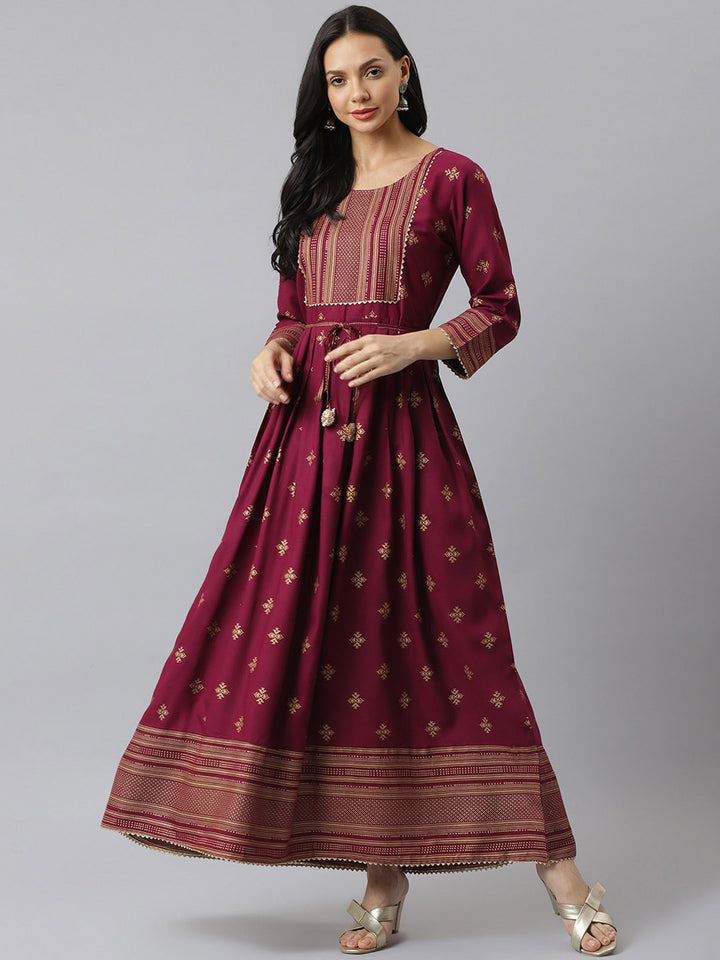Gold Printed Rayon Flared Kurta