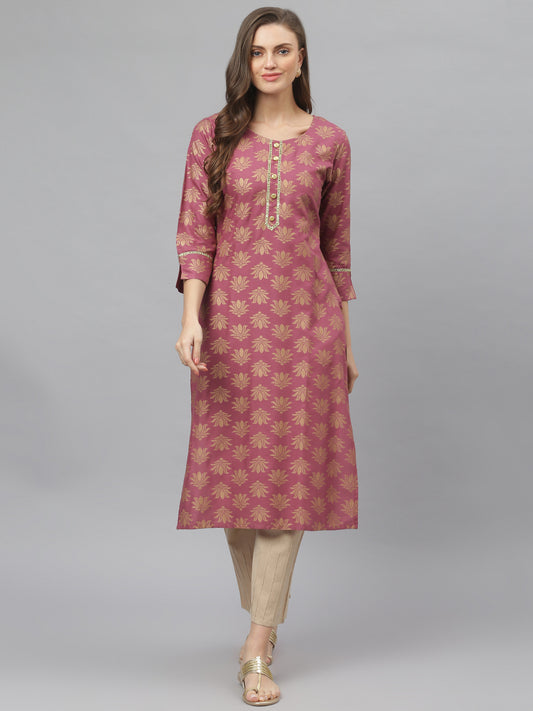 Women Gold Printed Rayon Straight Kurta
