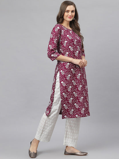 Floral Print Rayon Straight Kurta