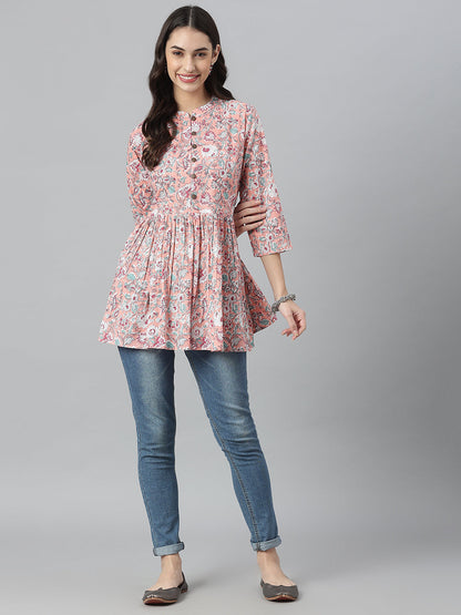 Floral Printed Cotton Flared Ethnic Short Tunic