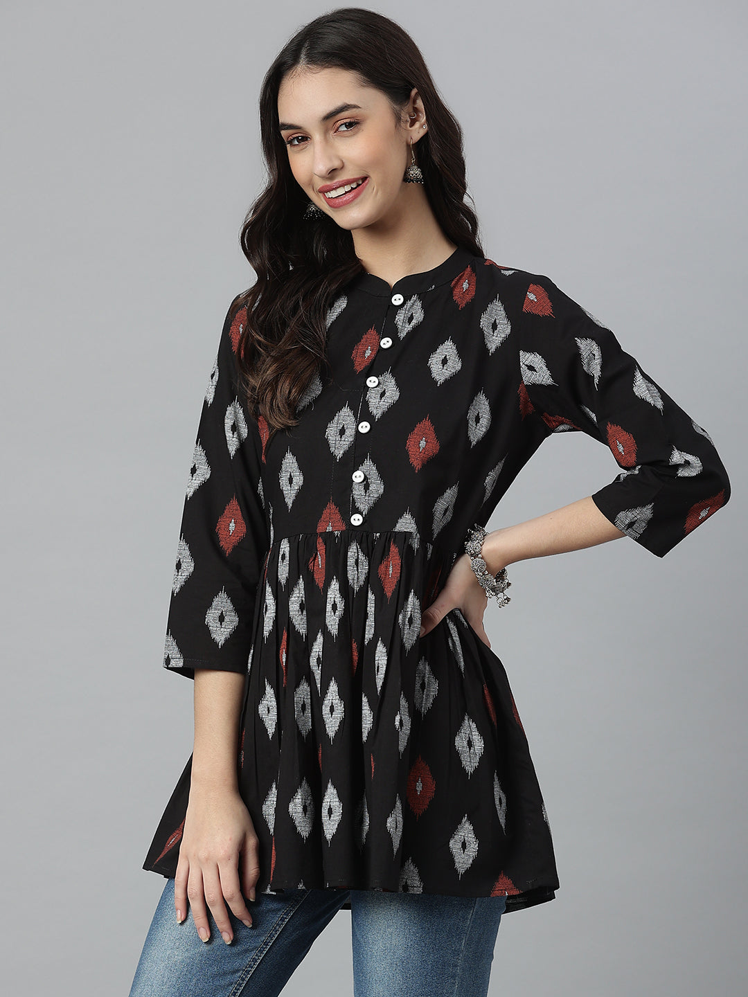 Ikat Printed Cotton Gathered Ethnic Short Tunic