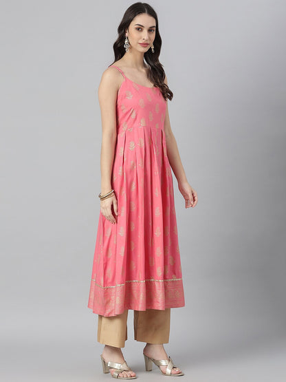 Gold Printed Rayon Pleated Kurta