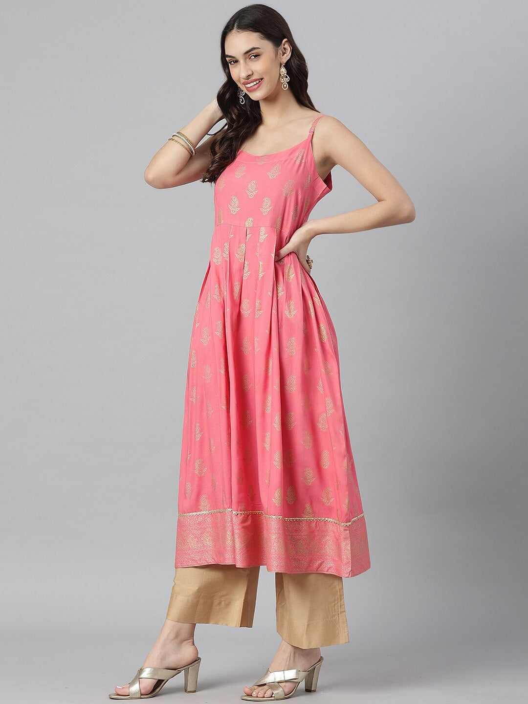 Gold Printed Rayon Pleated Kurta